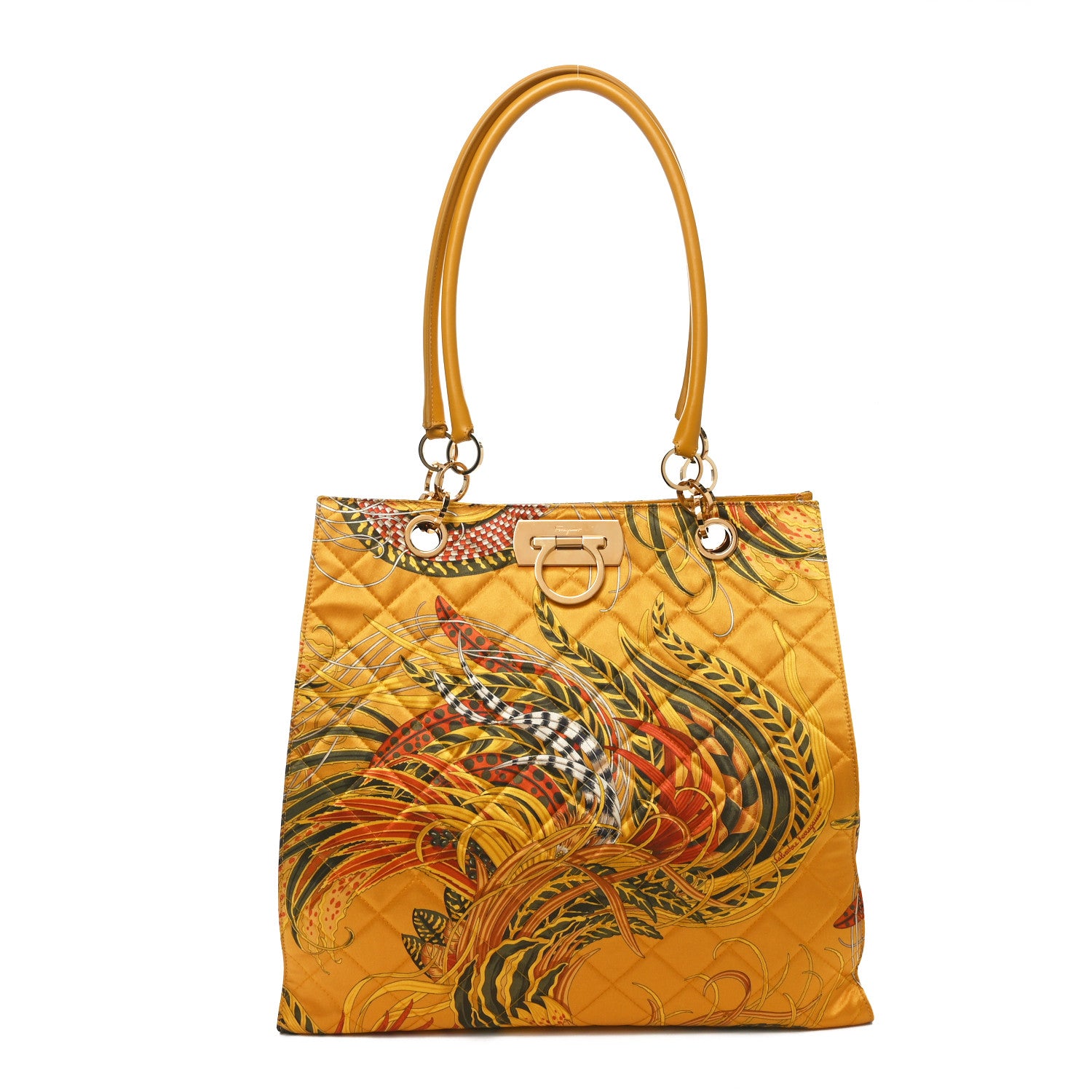 Salvatore Ferragamo Silk Quilted Printed Gancini Tote Gold Multicolor 1 of 10