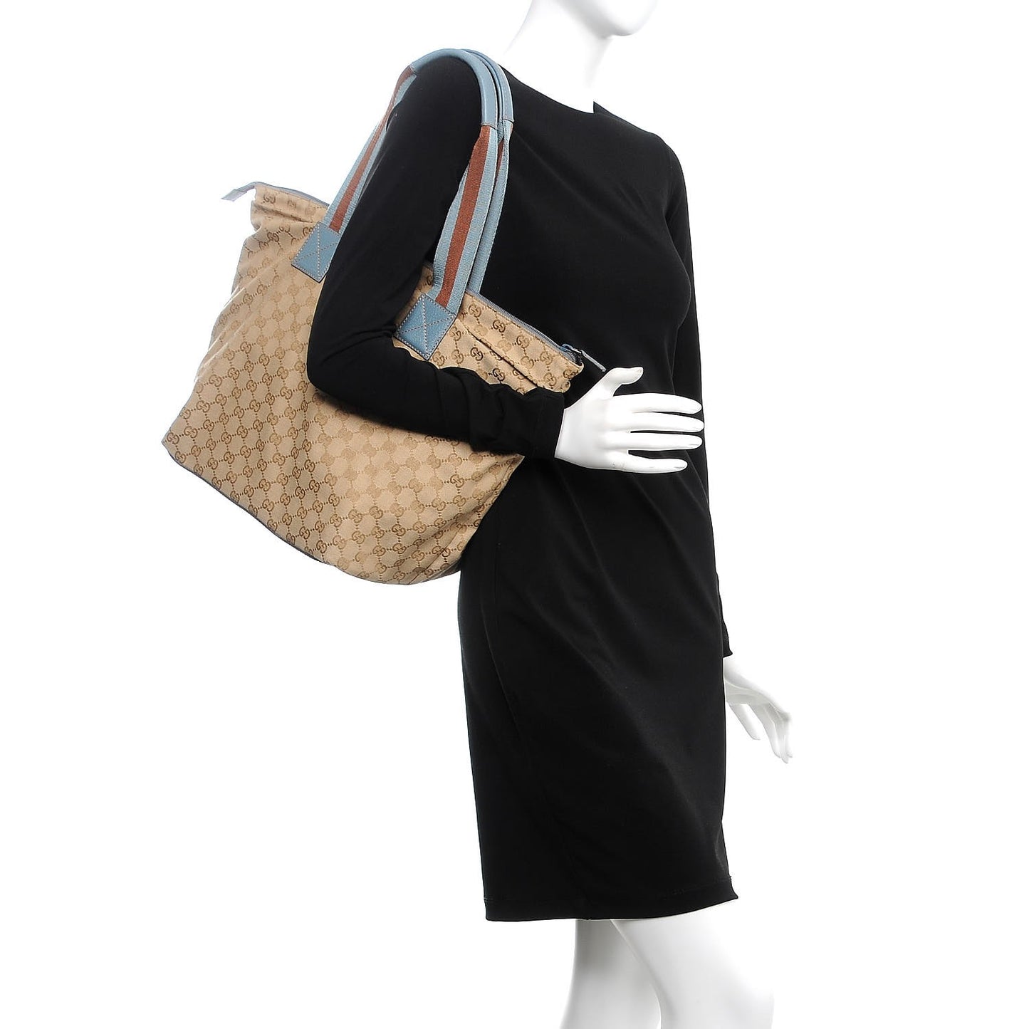 GG Monogram Large Web Handle Bucket Tote Blue