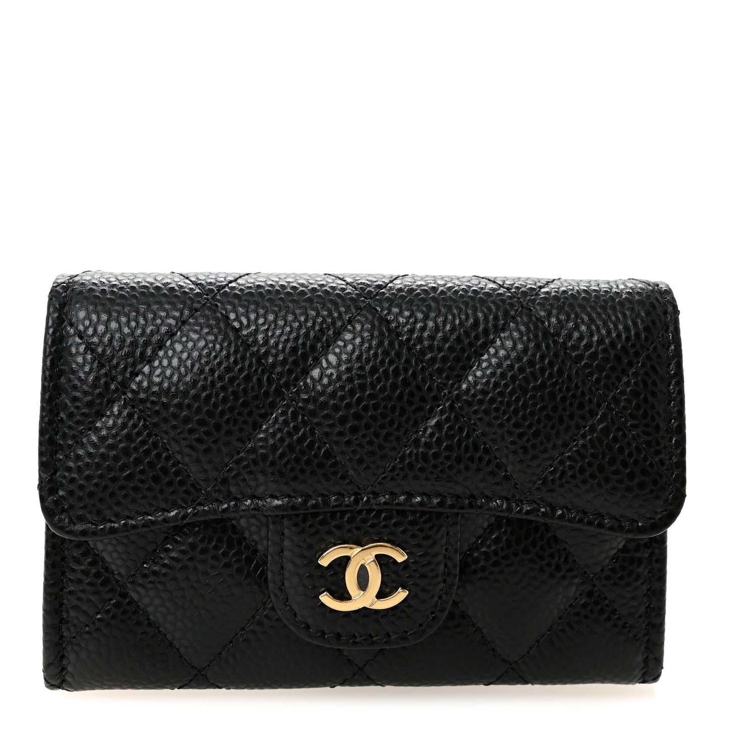 Caviar Quilted Flap Card Holder Wallet Black