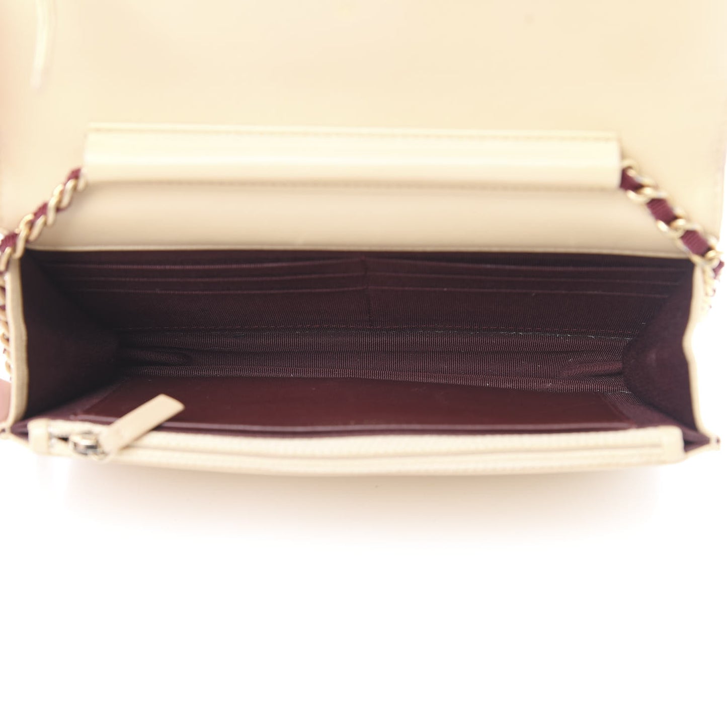 Lambskin Quilted Two Tone Wallet On Chain WOC Beige Burgundy