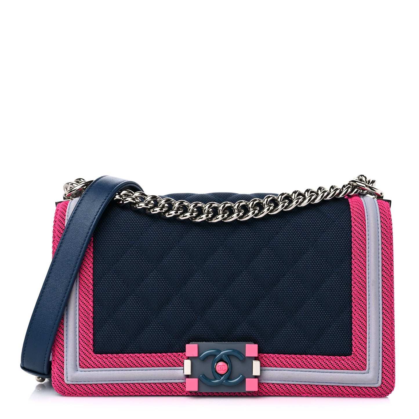 Canvas Quilted Medium Fluo Boy Flap Dark Navy Fuchsia Grey