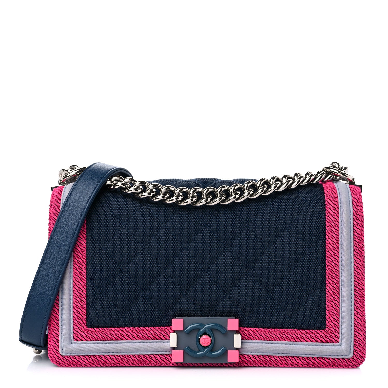 Chanel Canvas Quilted Medium Fluo Boy Flap Dark Navy Fuchsia Grey 1 of 10