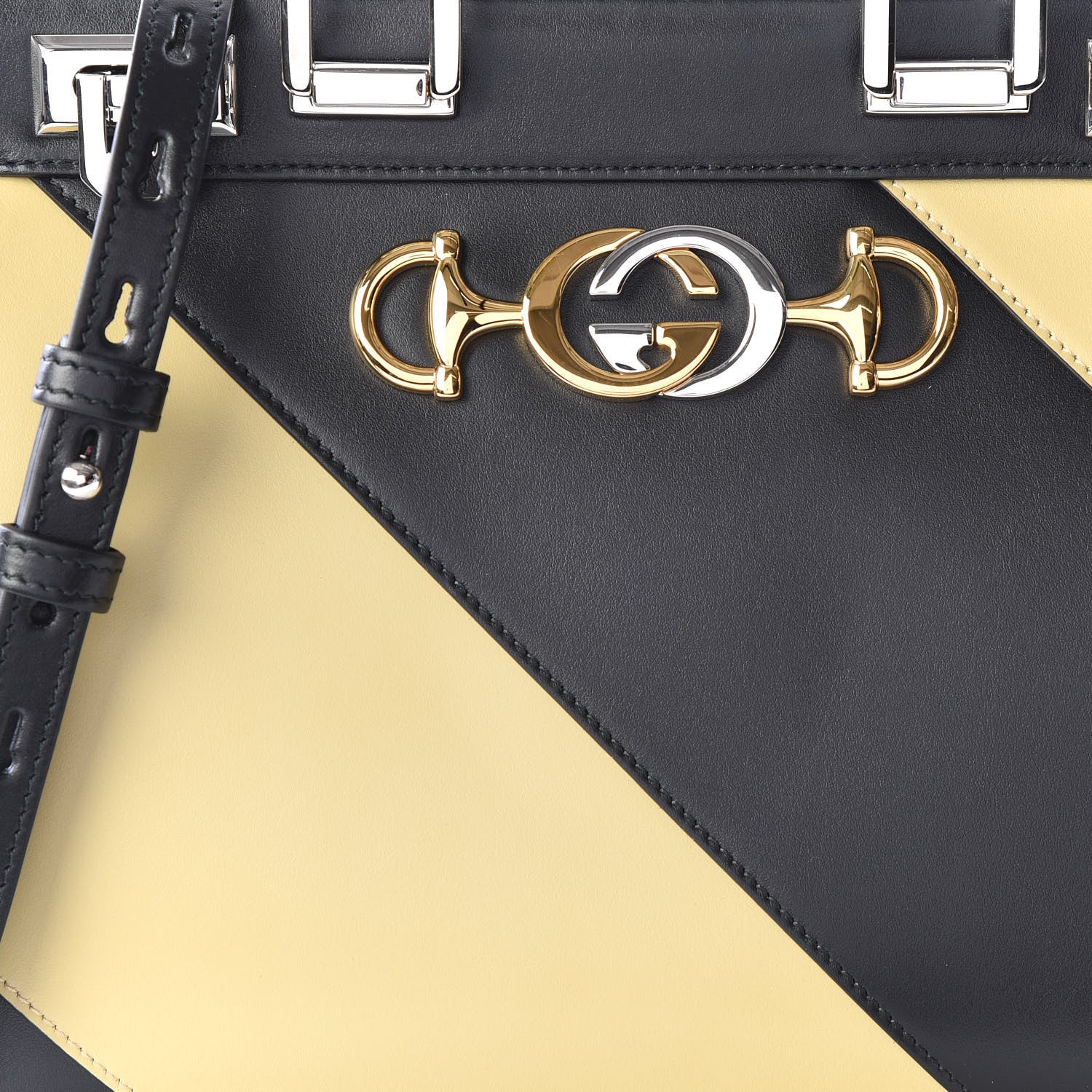 Gucci Smooth Calfskin Diagonal Striped Small Zumi Top Handle Bag Black Beige 9 of 9