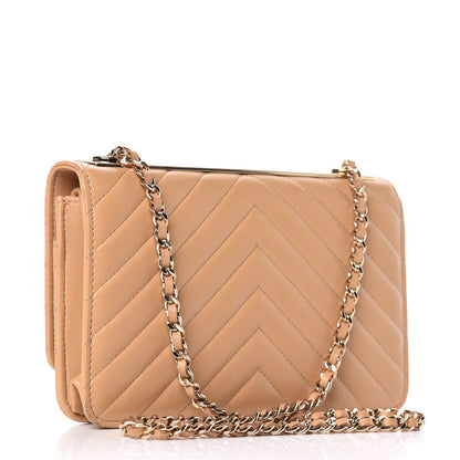Chanel Lambskin Chevron Quilted Trendy CC Wallet On Chain WOC Beige 3 of 14