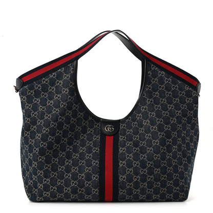 Gucci Denim GG Monogram Web Large Giglio Tote Blue 1 of 10