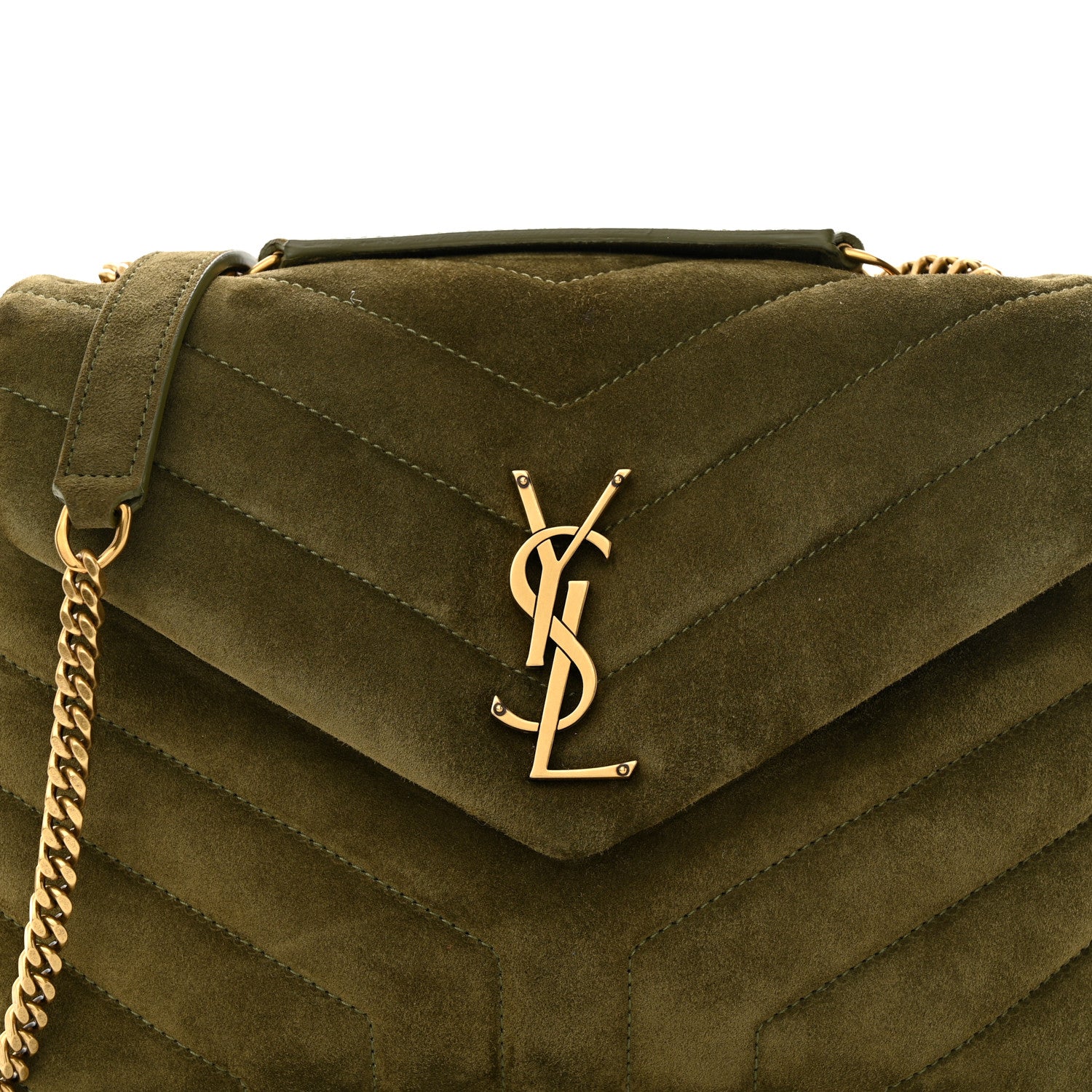 Saint Laurent Suede Calfskin Y Quilted Monogram Small Loulou Chain Satchel Loden Green 8 of 13
