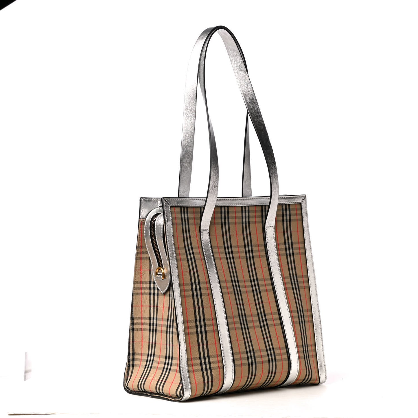 Metallic Calfskin Medium 1983 Knight Check Link Tote Silver