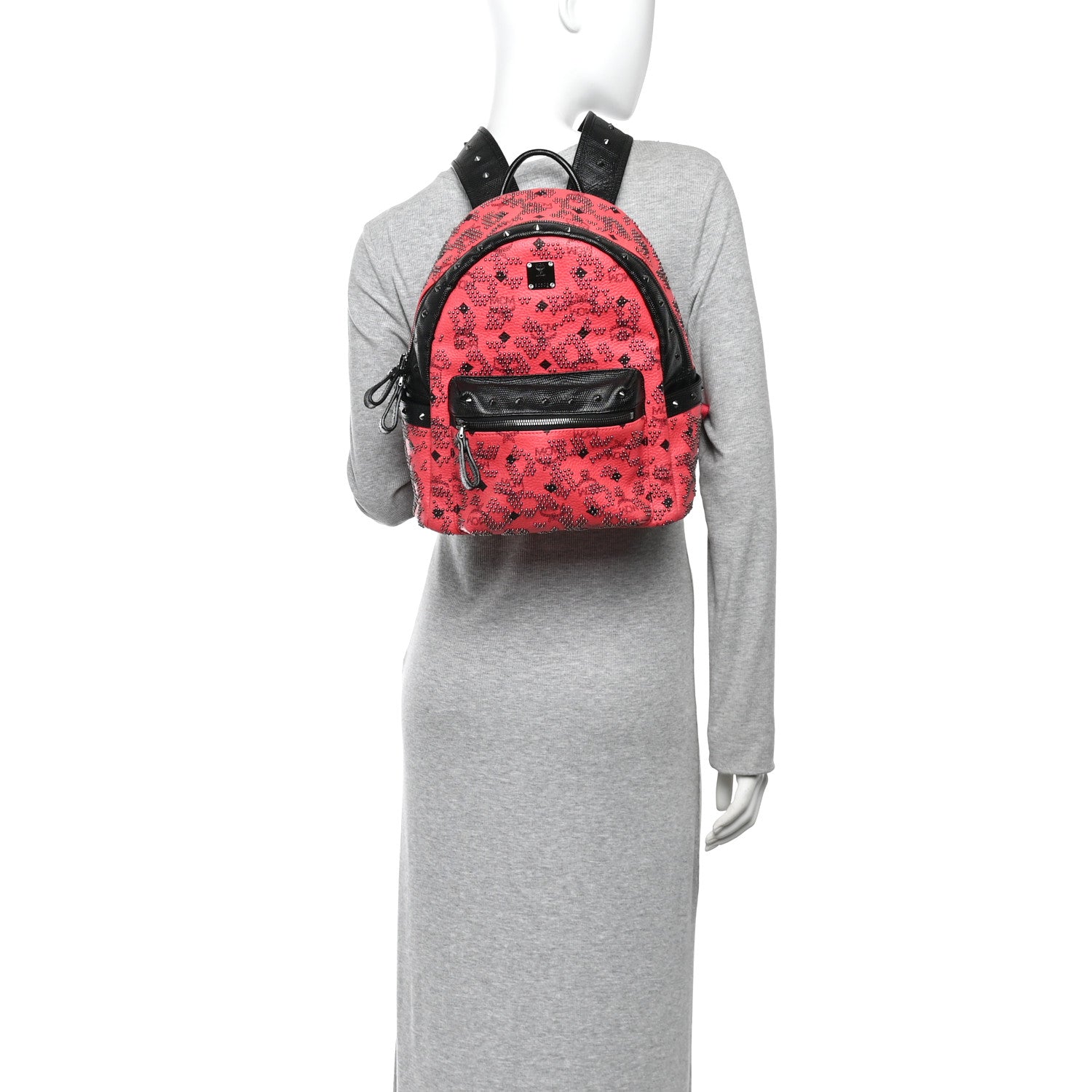 MCM Visetos Lizard Embossed Calfskin Studded Small Backpack Coral Black 2 of 9