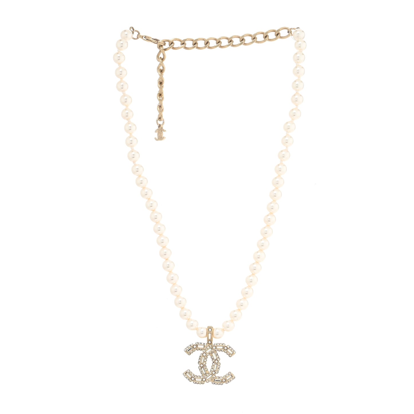 Crystal Baguette Pearl CC Necklace Gold