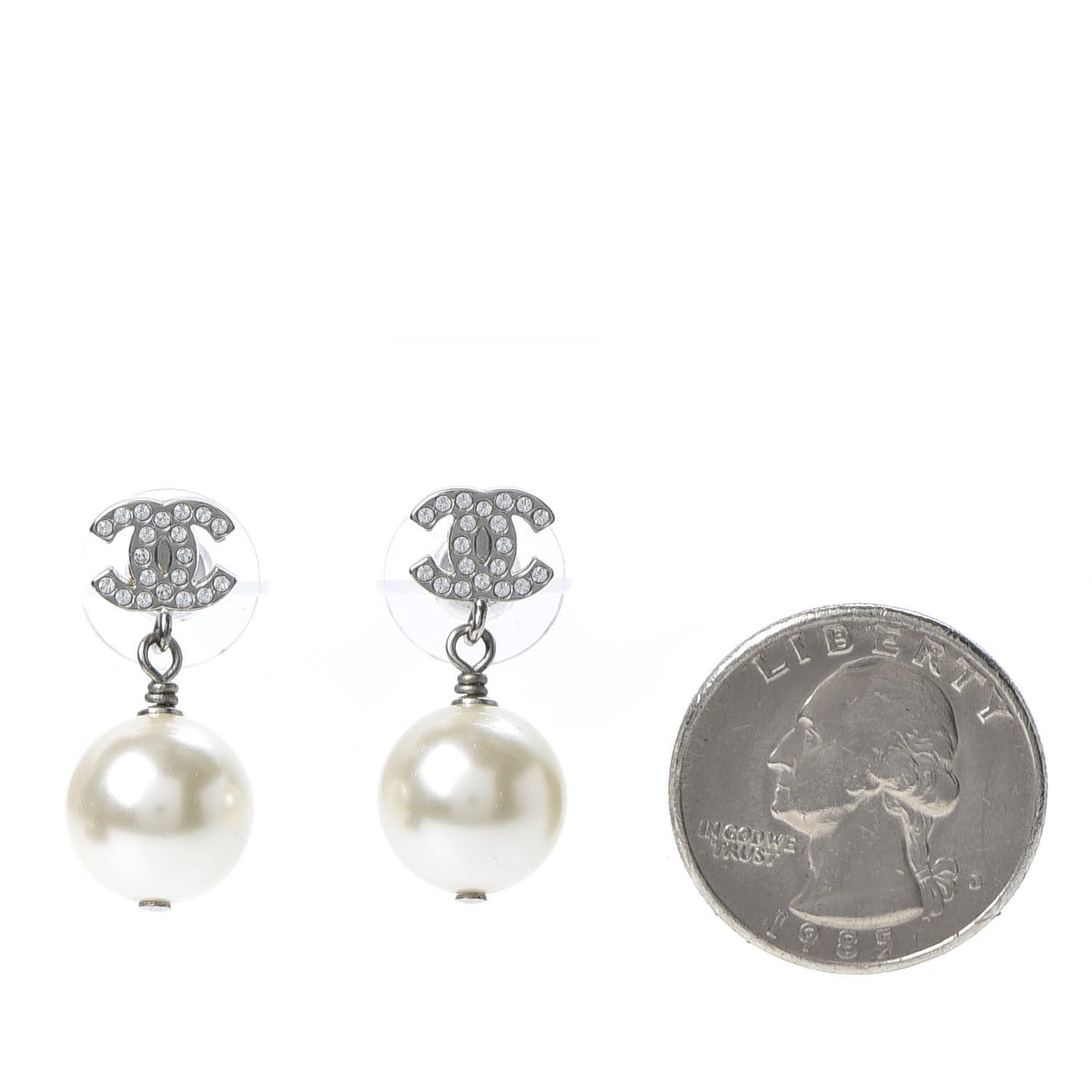 Crystal Pearl CC Drop Earrings Silver Pearly White