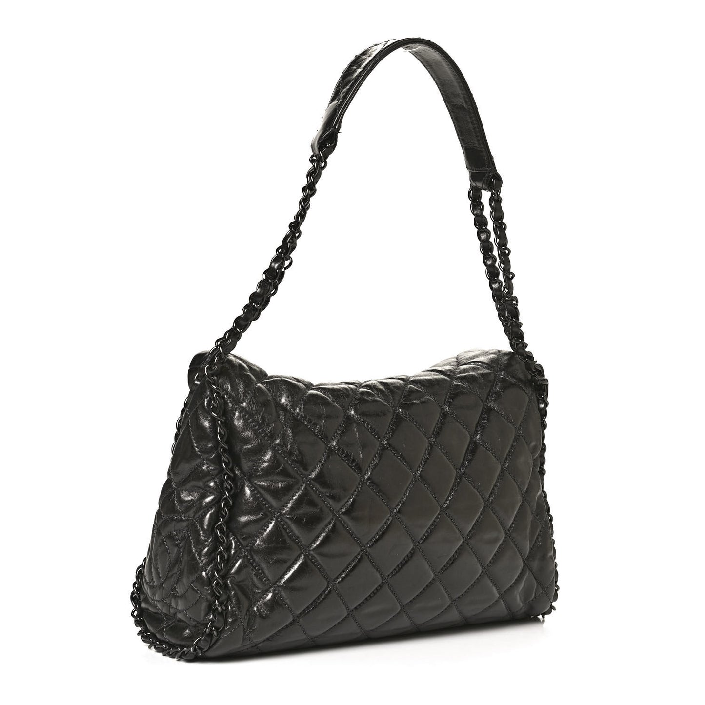 Metallic Calfskin Quilted Medium Chain Me Hobo Dark Grey
