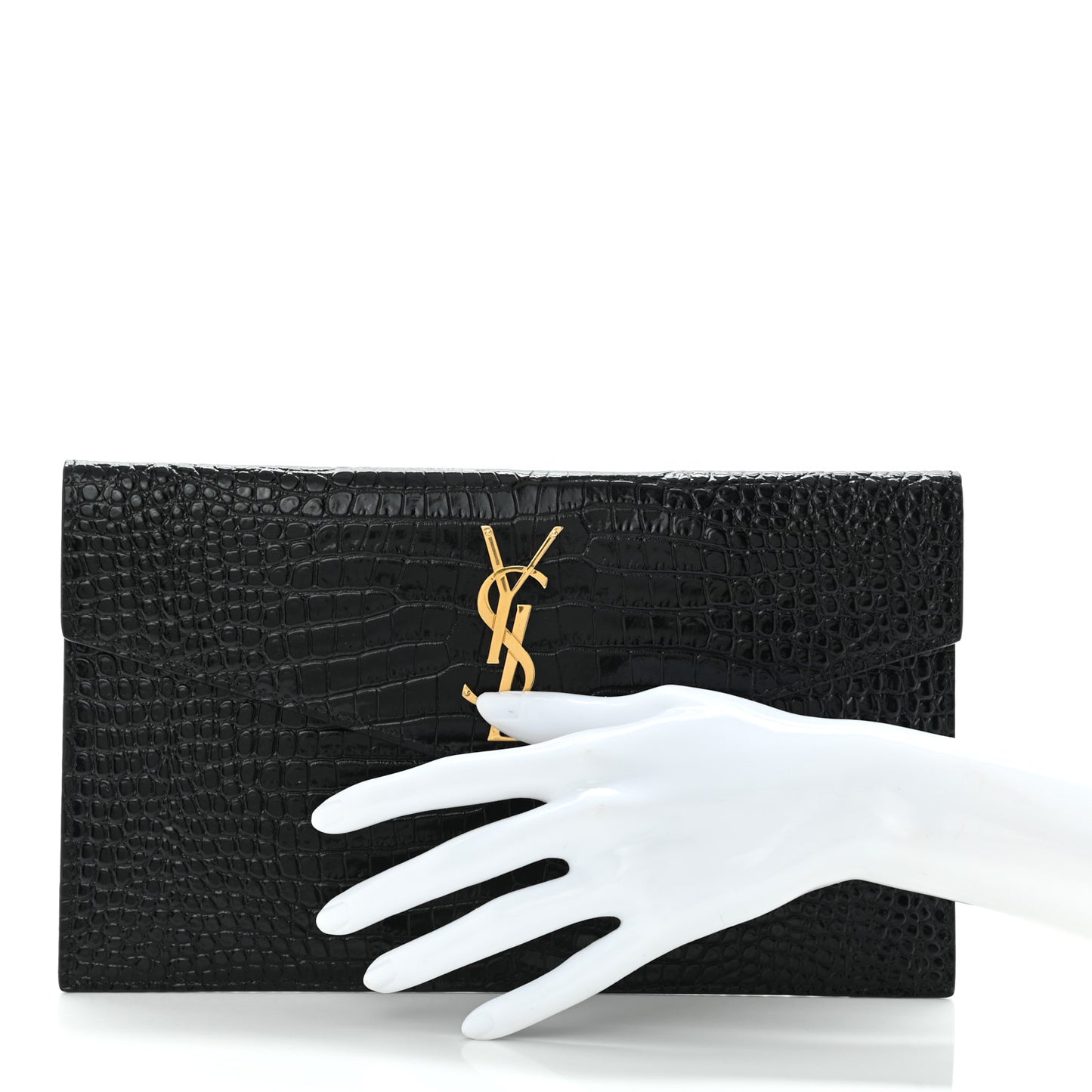 Calfskin Crocodile Embossed Uptown Monogram Clutch Black