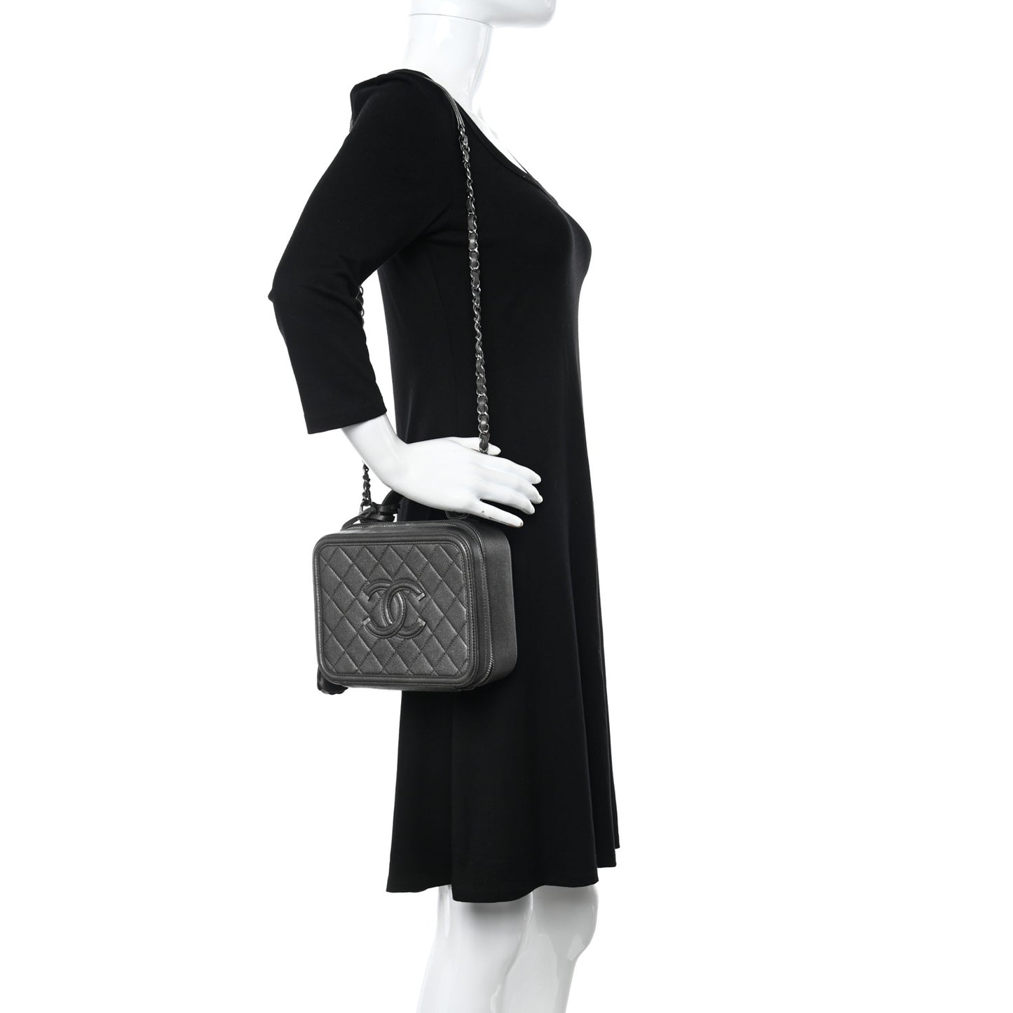 Metallic Caviar Quilted Medium CC Filigree Vanity Case Dark Silver