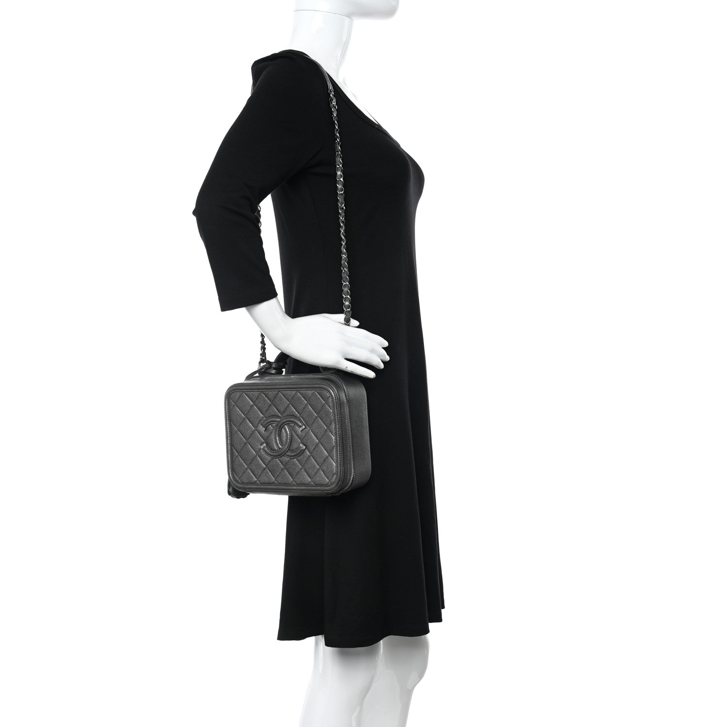 Chanel Metallic Caviar Quilted Medium CC Filigree Vanity Case Dark Silver 2 of 12