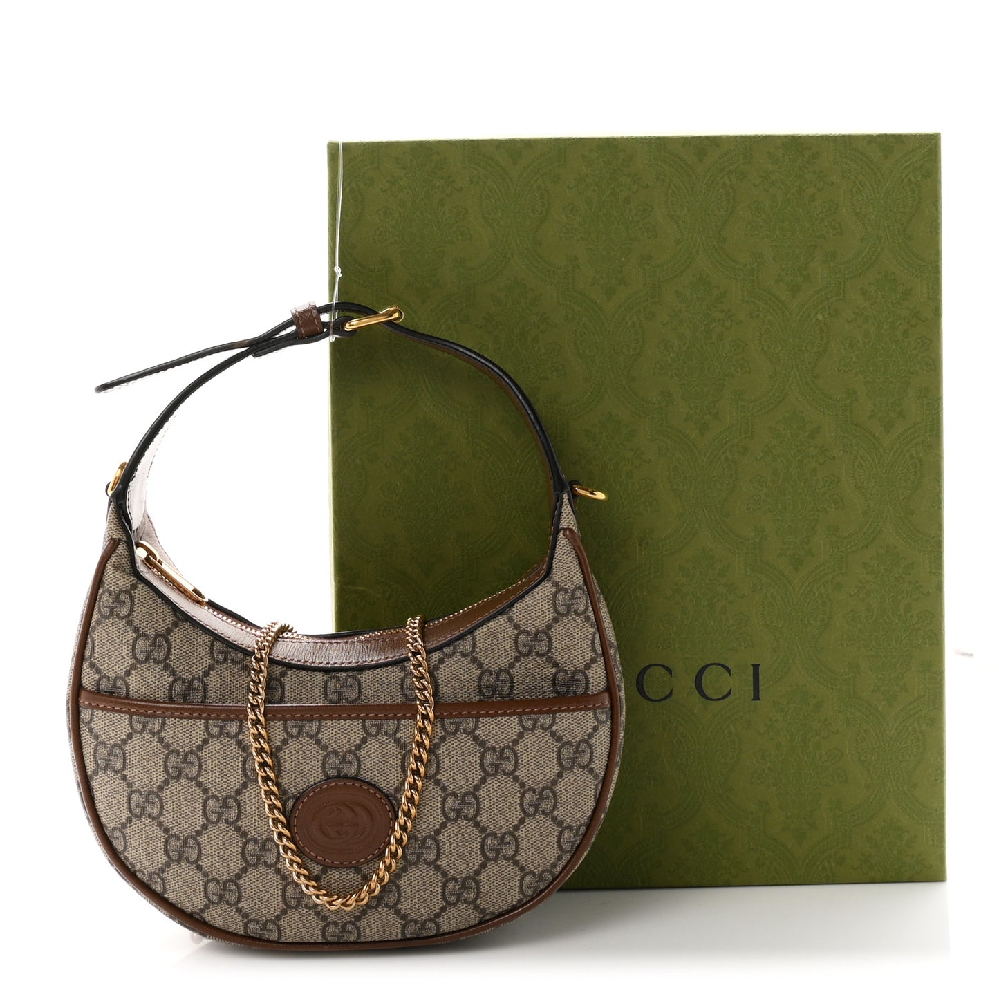 GG Supreme Monogram Azalea Calfskin Mini Retro Interlocking G Half Moon Bag Beige Ebony Brown Sugar
