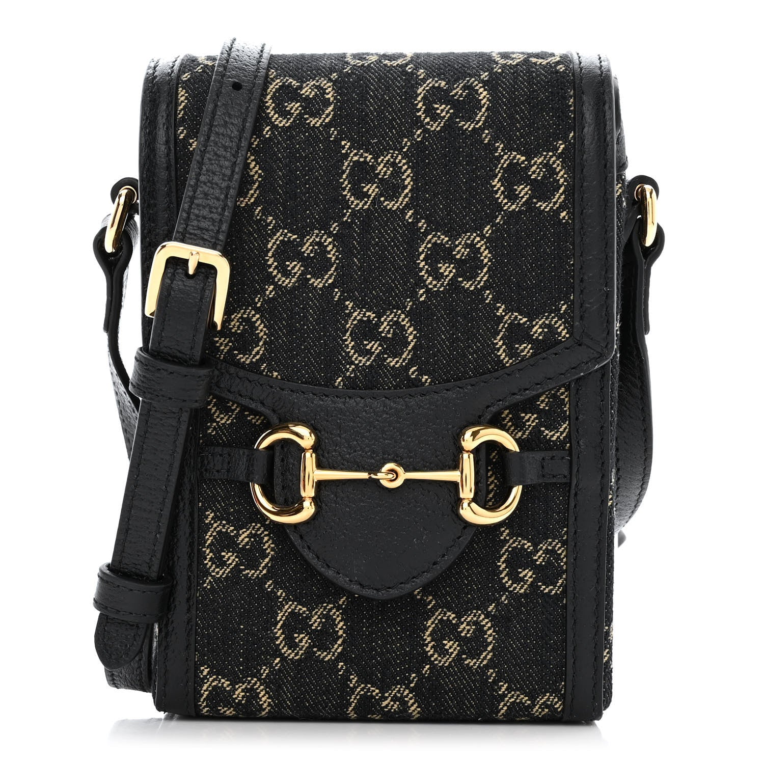 Gucci Jacquard Black Denim GG Monogram Textured Dollar Calfskin Mini Horsebit 1955 Crossbody Bag Black Ivory 1 of 10