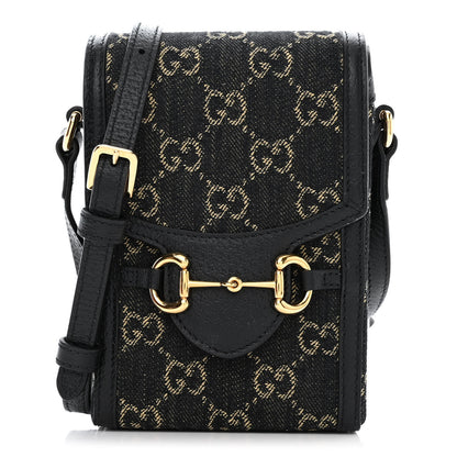 Gucci Jacquard Black Denim GG Monogram Textured Dollar Calfskin Mini Horsebit 1955 Crossbody Bag Black Ivory 1 of 10