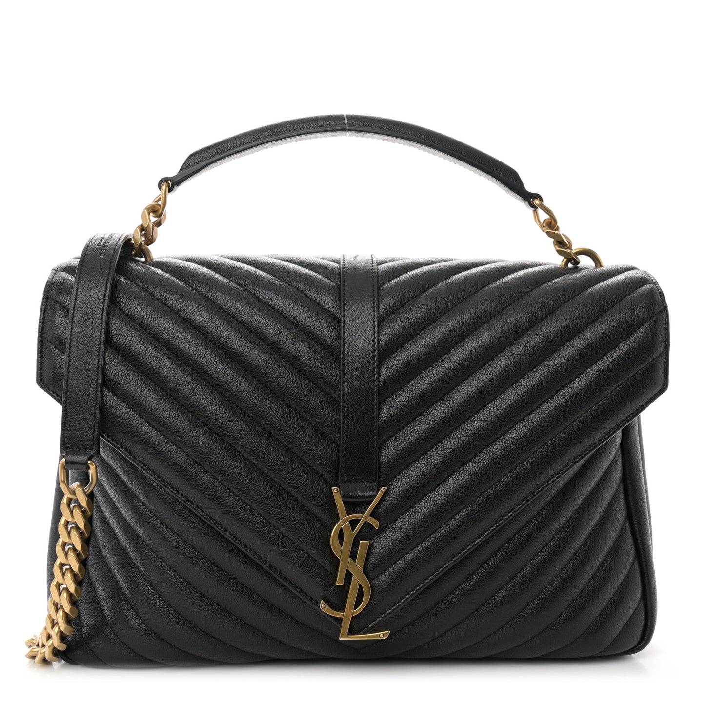 SAINT LAURENT Sheepskin Matelasse Chevron Monogram Large College Satchel Black