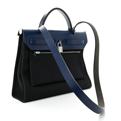 Hermes Military Toile Vache Hunter Herbag Zip 31 PM Black Bleu Saphir 4 of 14