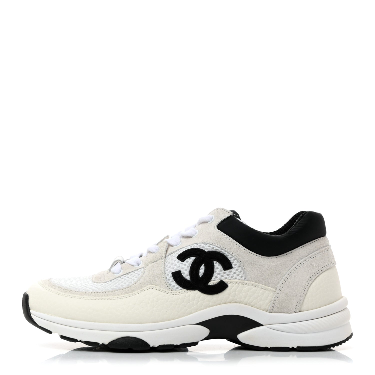 Chanel Mesh Suede Calfskin Grained Calfskin Womens CC Sneakers 37 White Black 1 of 9