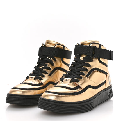 Chanel Metallic Satin Lambskin Logo High Top Sneakers 38 Gold Black 4 of 9