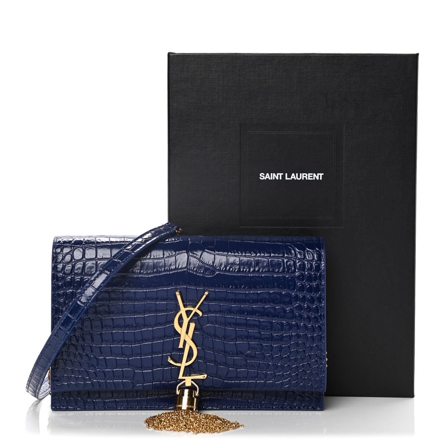 Saint Laurent Calfskin Crocodile Embossed Kate Monogram Tassel Chain Wallet Royal Blue 12 of 12