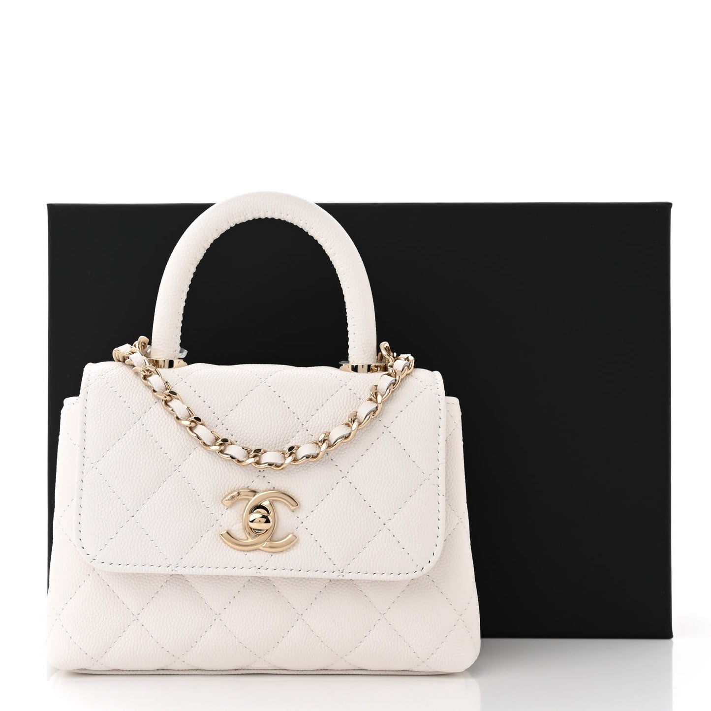 Caviar Quilted Coco Handle Clutch With Chain White
