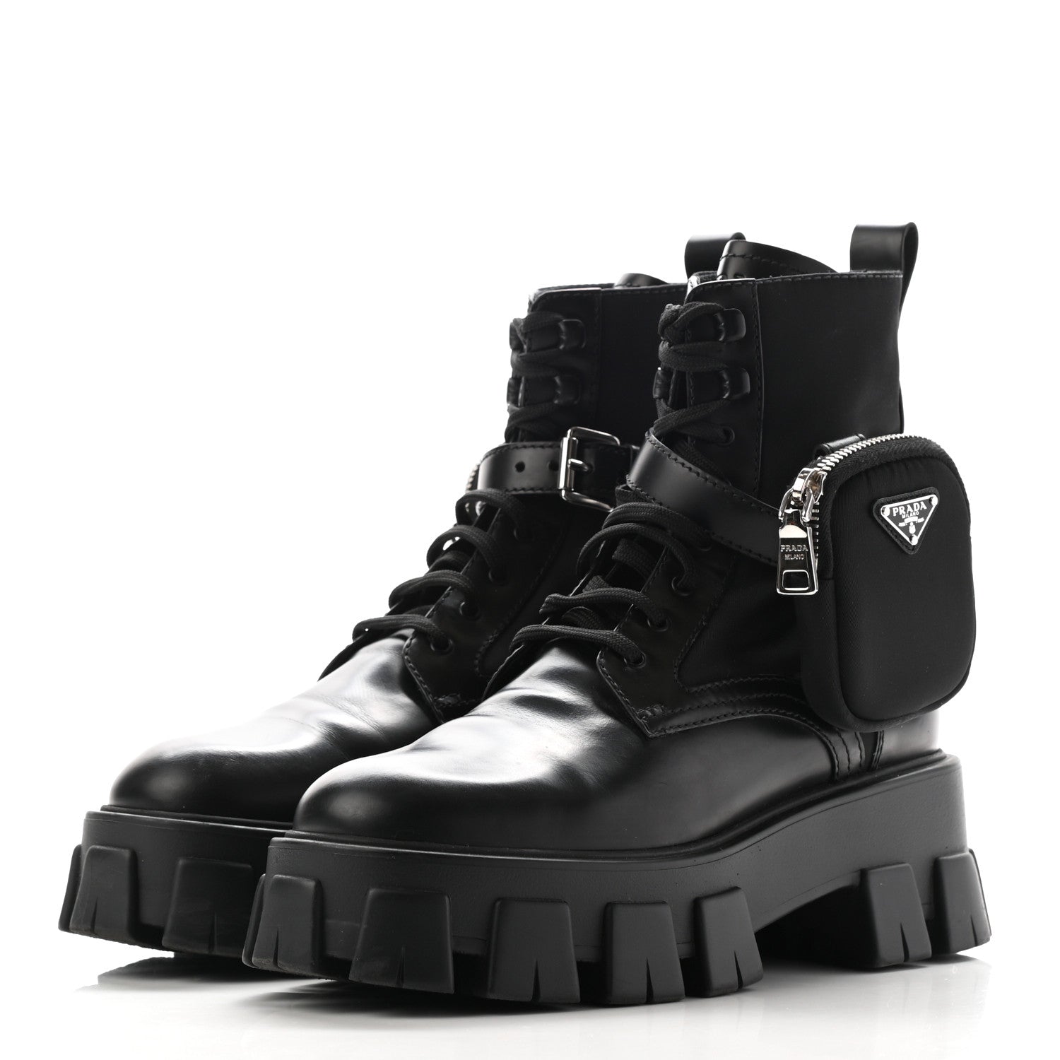 Prada Spazzolato Rois Nylon Metal Triangle Logo Monolith Pouch Pocket 55mm Boots 39 Black 3 of 12