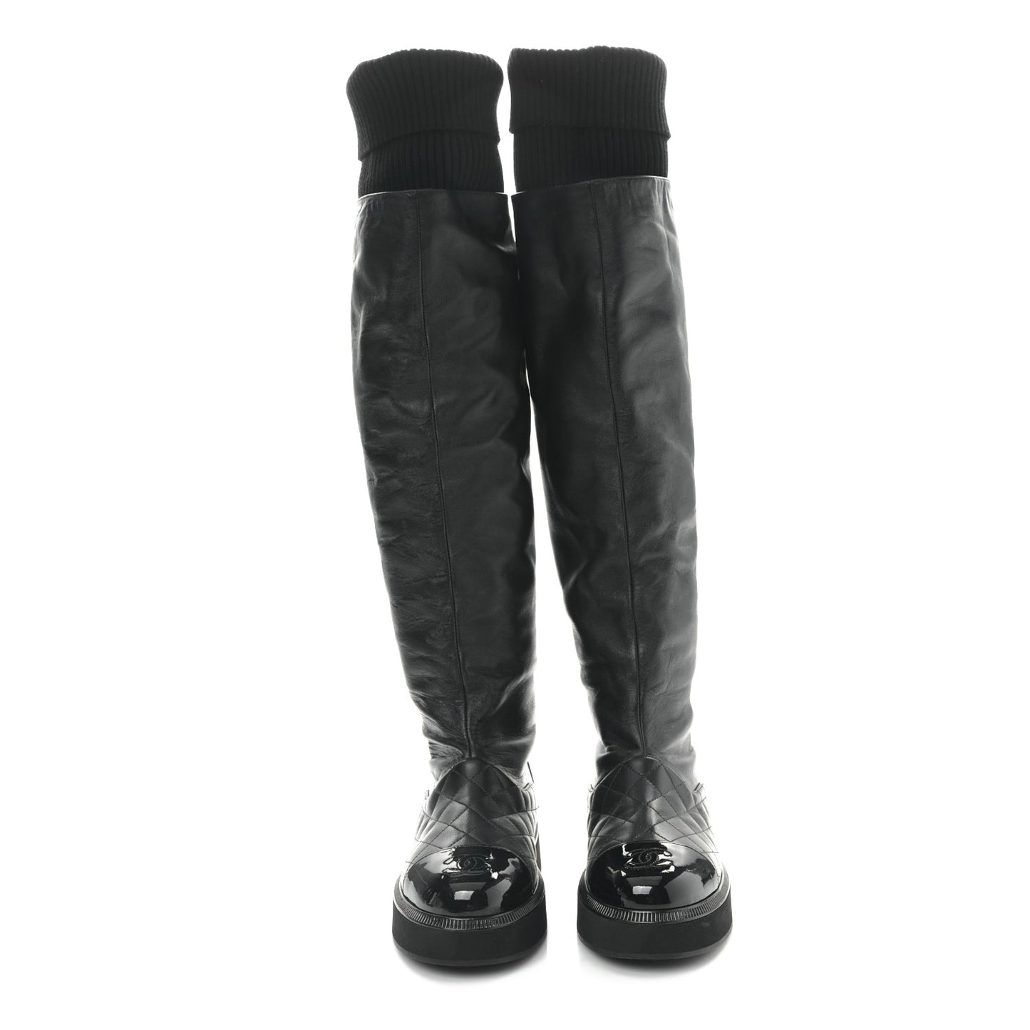 Lambskin Calfskin Quilted Knit Womens High Boots 36.5 Black