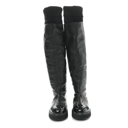 Chanel Lambskin Calfskin Quilted Knit Womens High Boots 36.5 Black 2 of 9