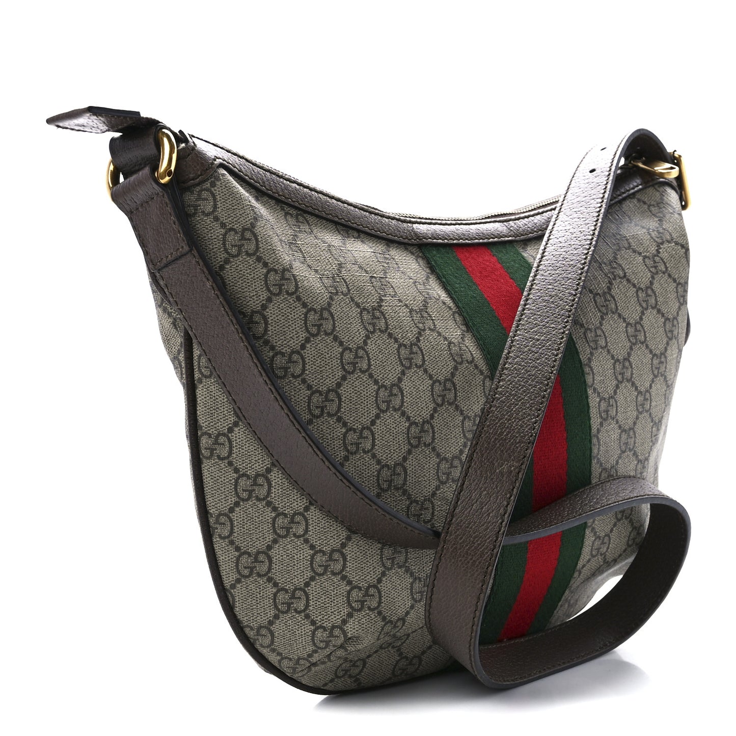 GG Supreme Monogram Textured Dollar Calfskin Web Small Ophidia Half Moon Hobo Beige Ebony New Acero