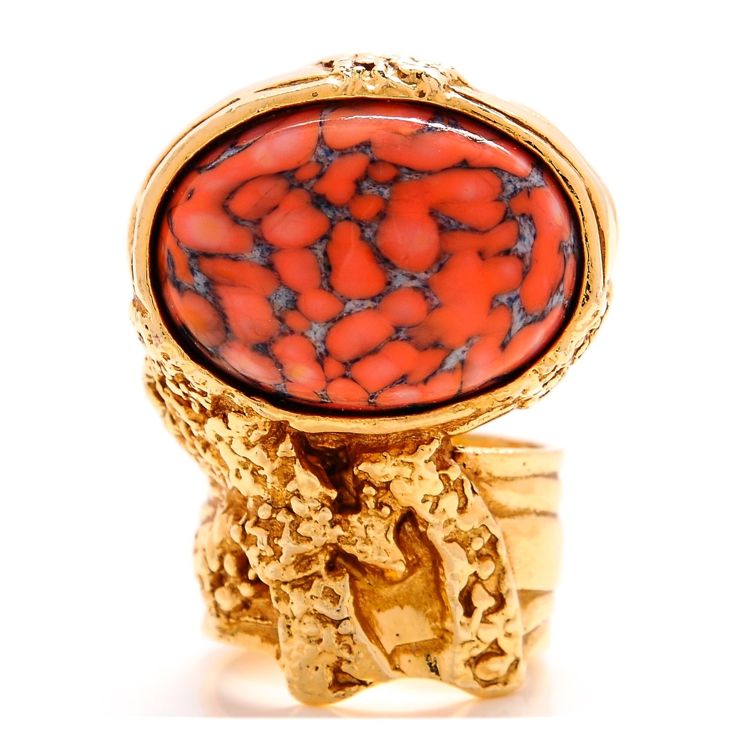 Glass Cabochon Arty Ovale Ring 9 Gold Coral