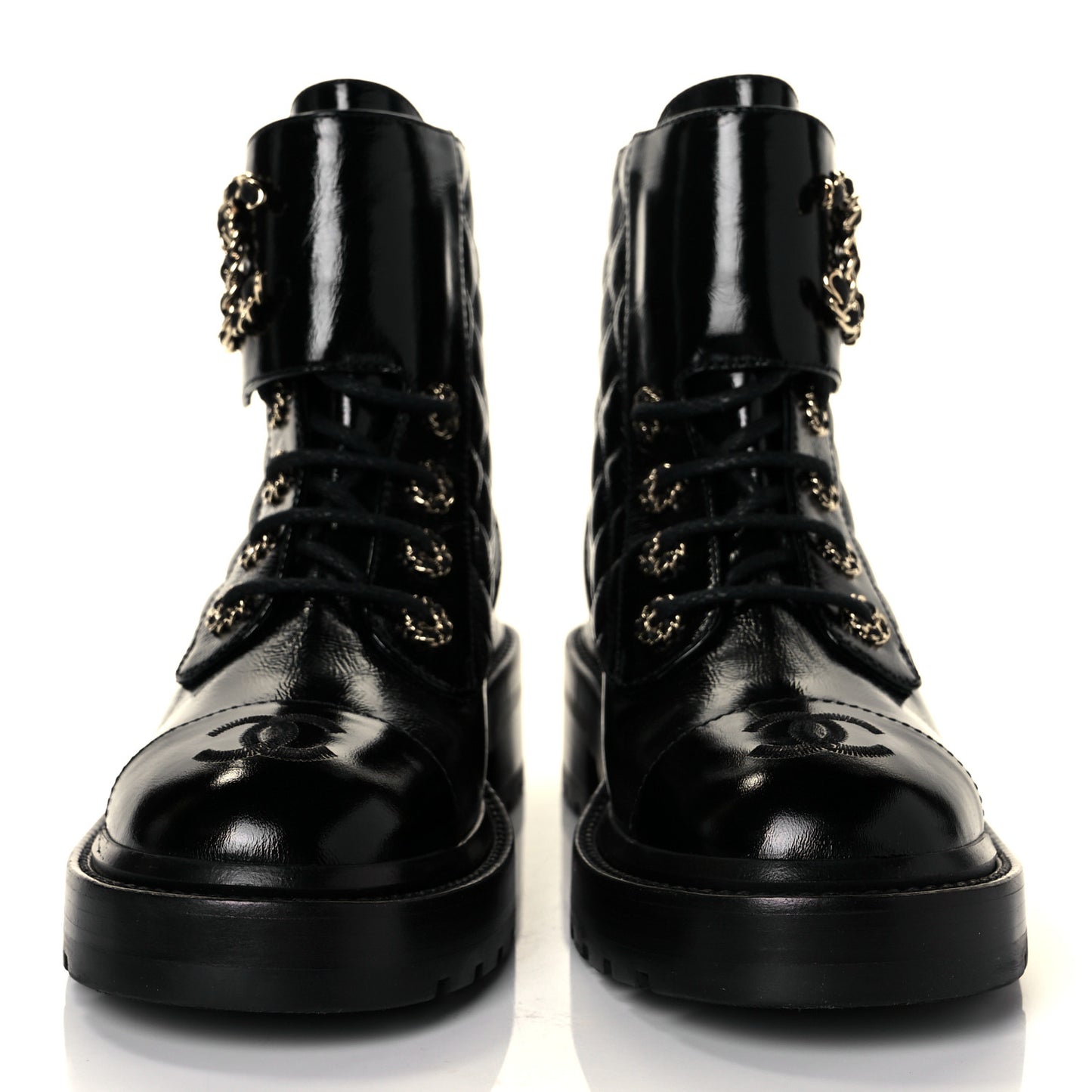 Shiny Calfskin Quilted Lace Up Combat Boots 35.5 Black