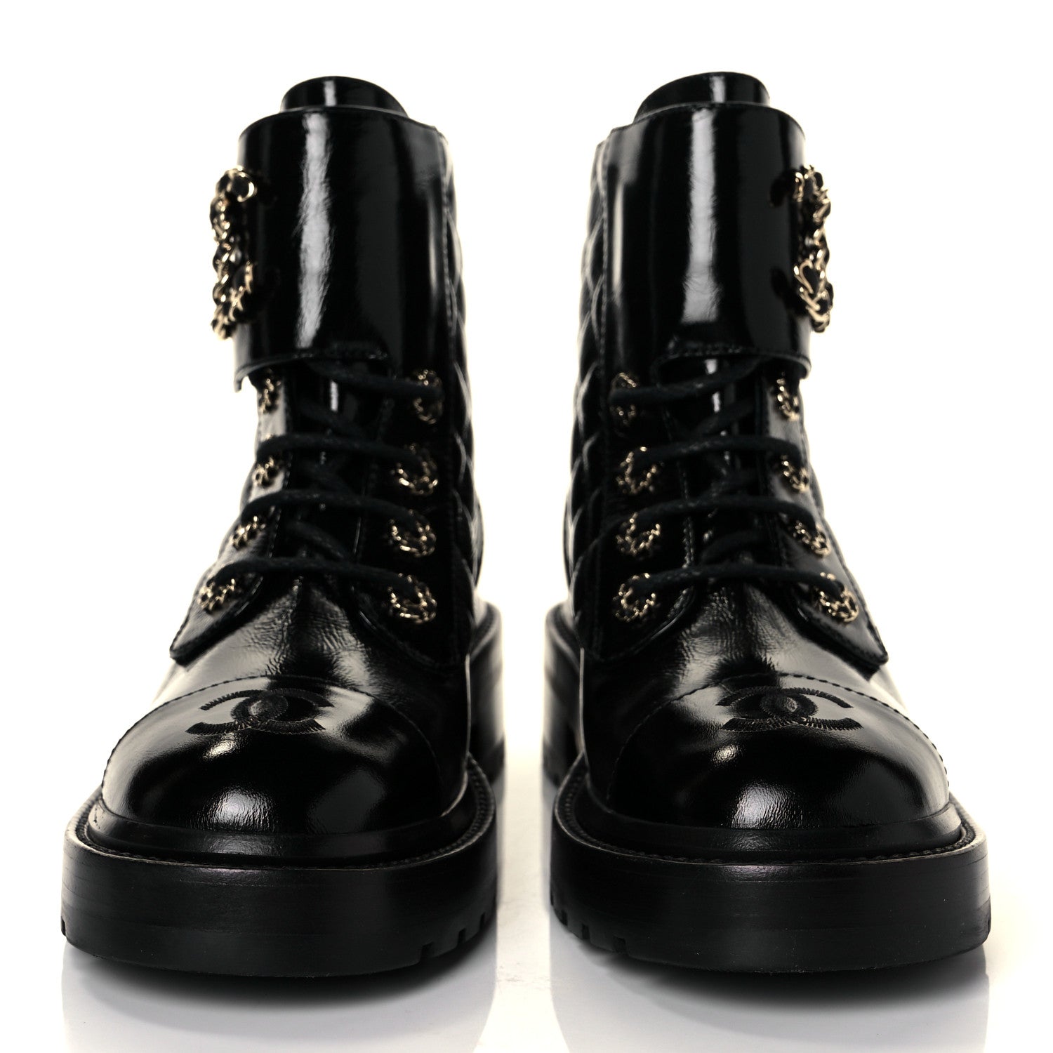 Chanel Shiny Calfskin Quilted Lace Up Combat Boots 35.5 Black 2 of 9