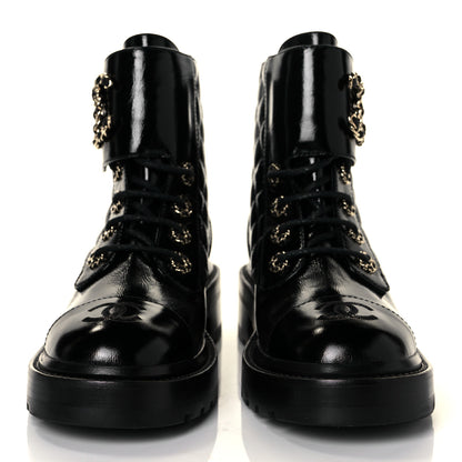 Chanel Shiny Calfskin Quilted Lace Up Combat Boots 35.5 Black 2 of 9