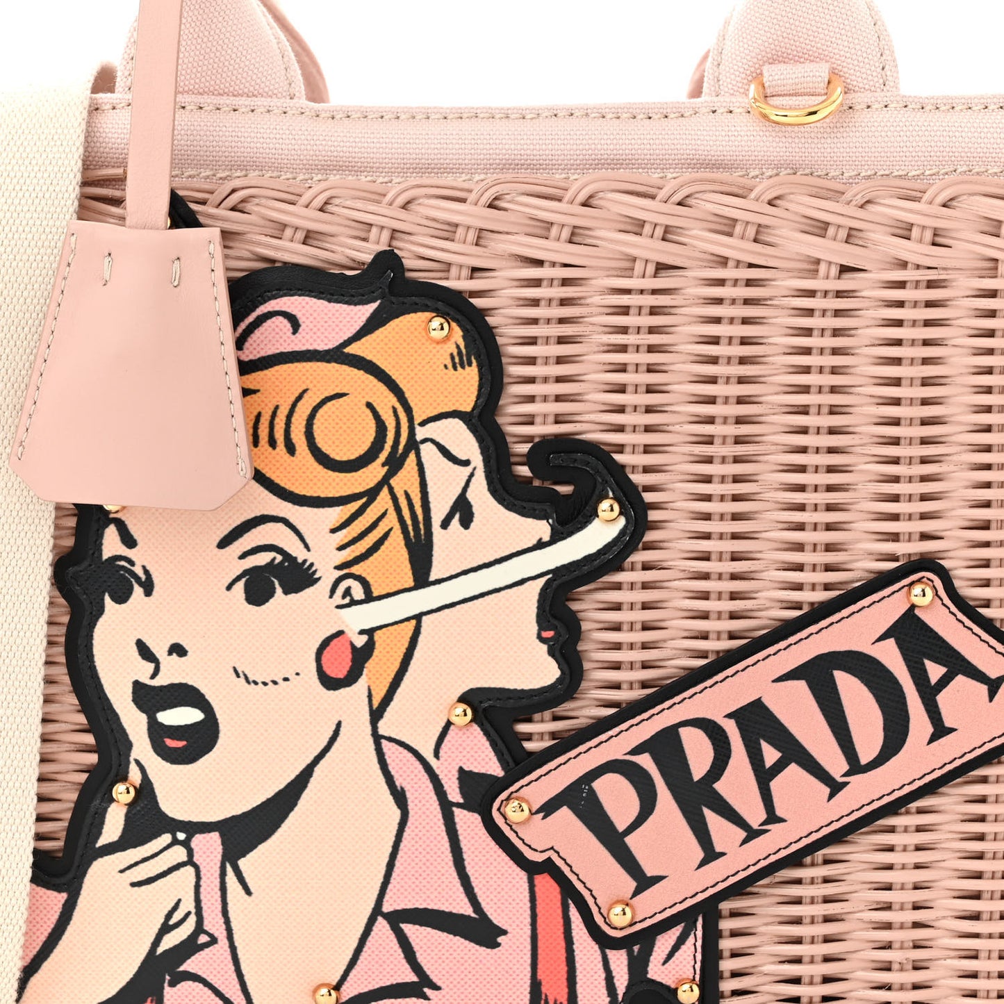 Wicker Canvas Patch Comics Shoulder Bag Pink