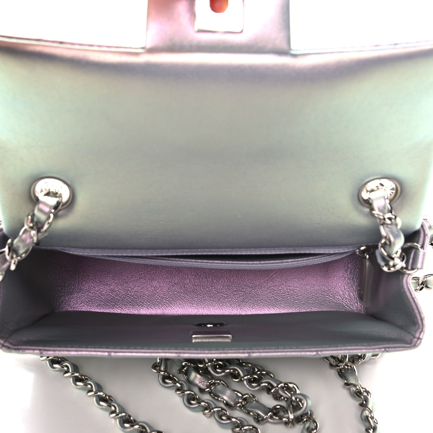 Iridescent Calfskin Quilted Mini Rectangular Flap Purple