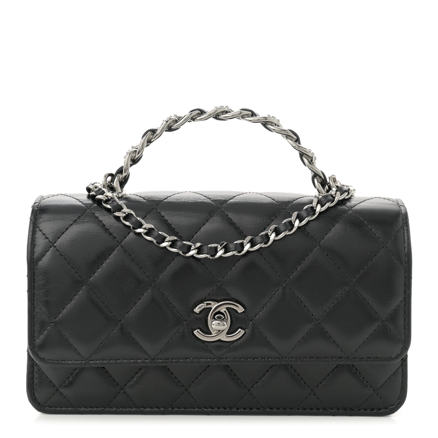 Shiny Crumpled Calfskin Crystal Quilted Precious Handle Clutch With Chain Black