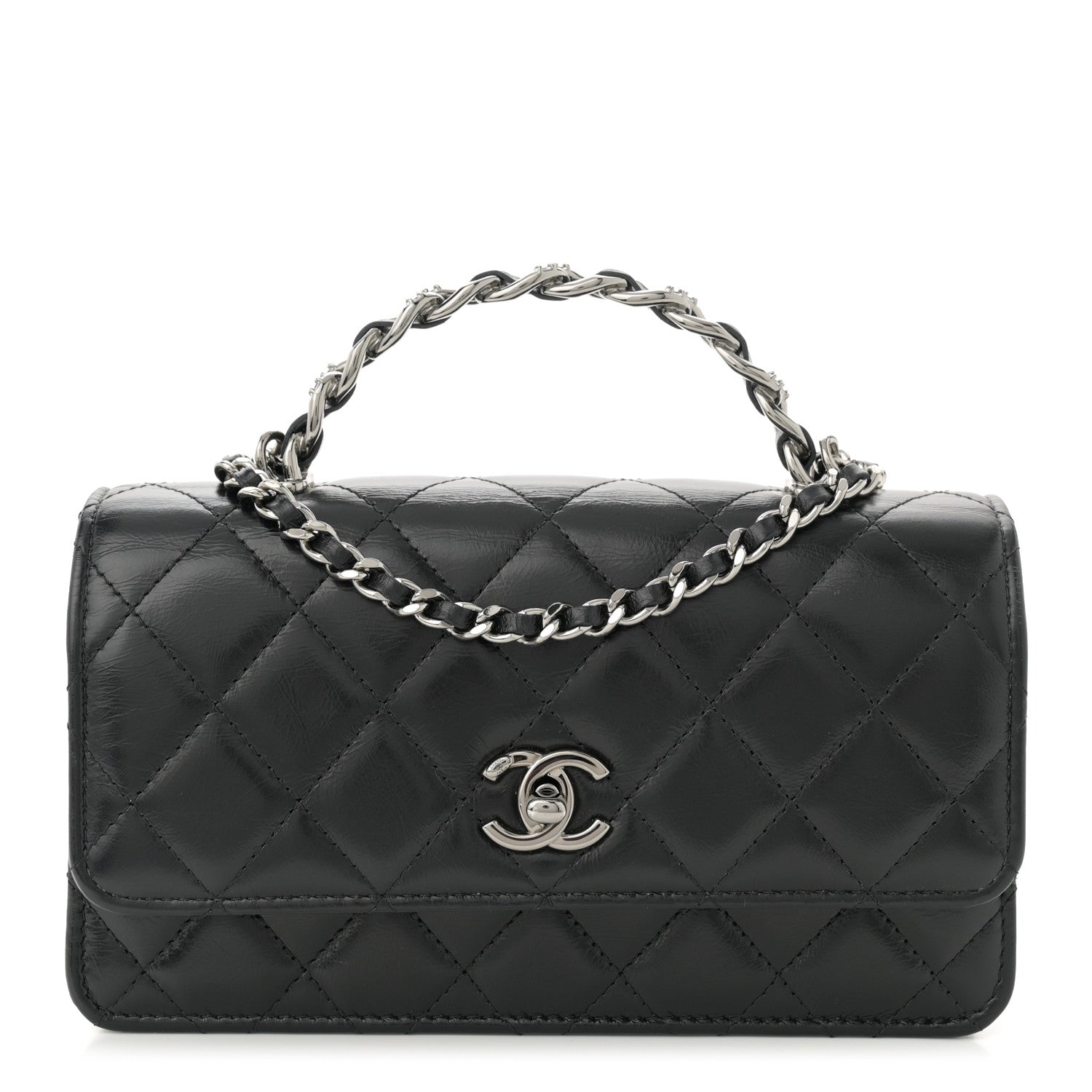 Chanel Shiny Crumpled Calfskin Crystal Quilted Precious Handle Clutch With Chain Black 1 of 11