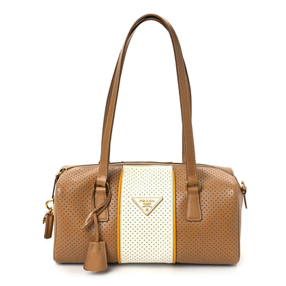 Prada Saffiano Perforated Striped Boston Cuoio Mimosa 1 of 8