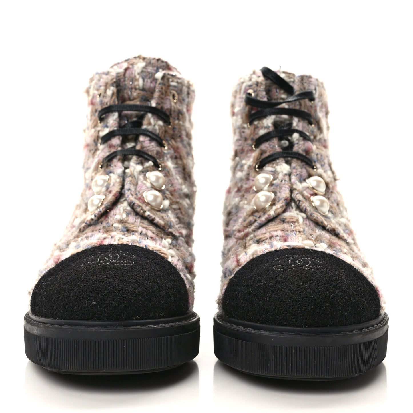 Tweed Calfskin Pearl Combat Short Boots 38 Beige Pink Black