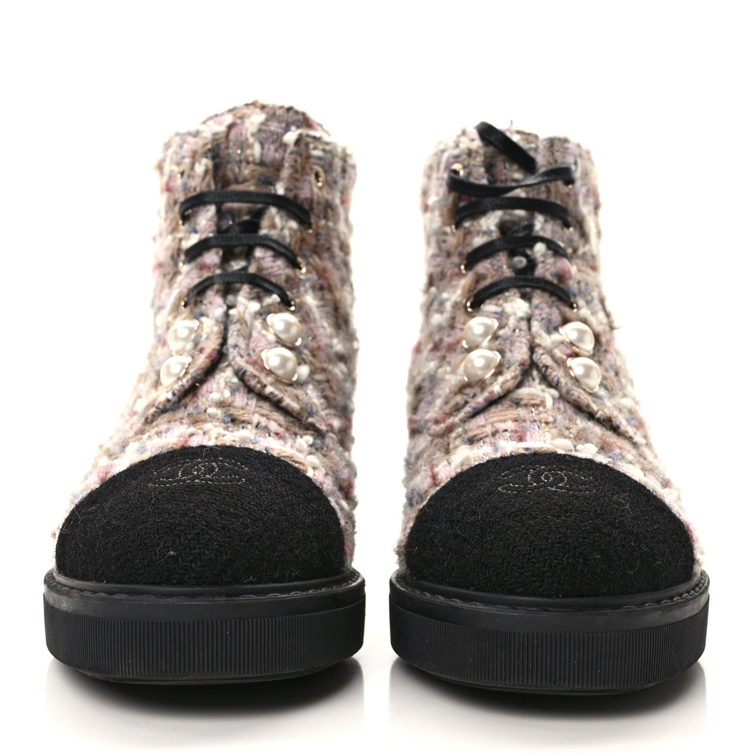 Chanel Tweed Calfskin Pearl Combat Short Boots 38 Beige Pink Black 2 of 8
