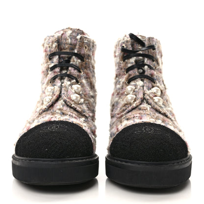 Chanel Tweed Calfskin Pearl Combat Short Boots 38 Beige Pink Black 2 of 8