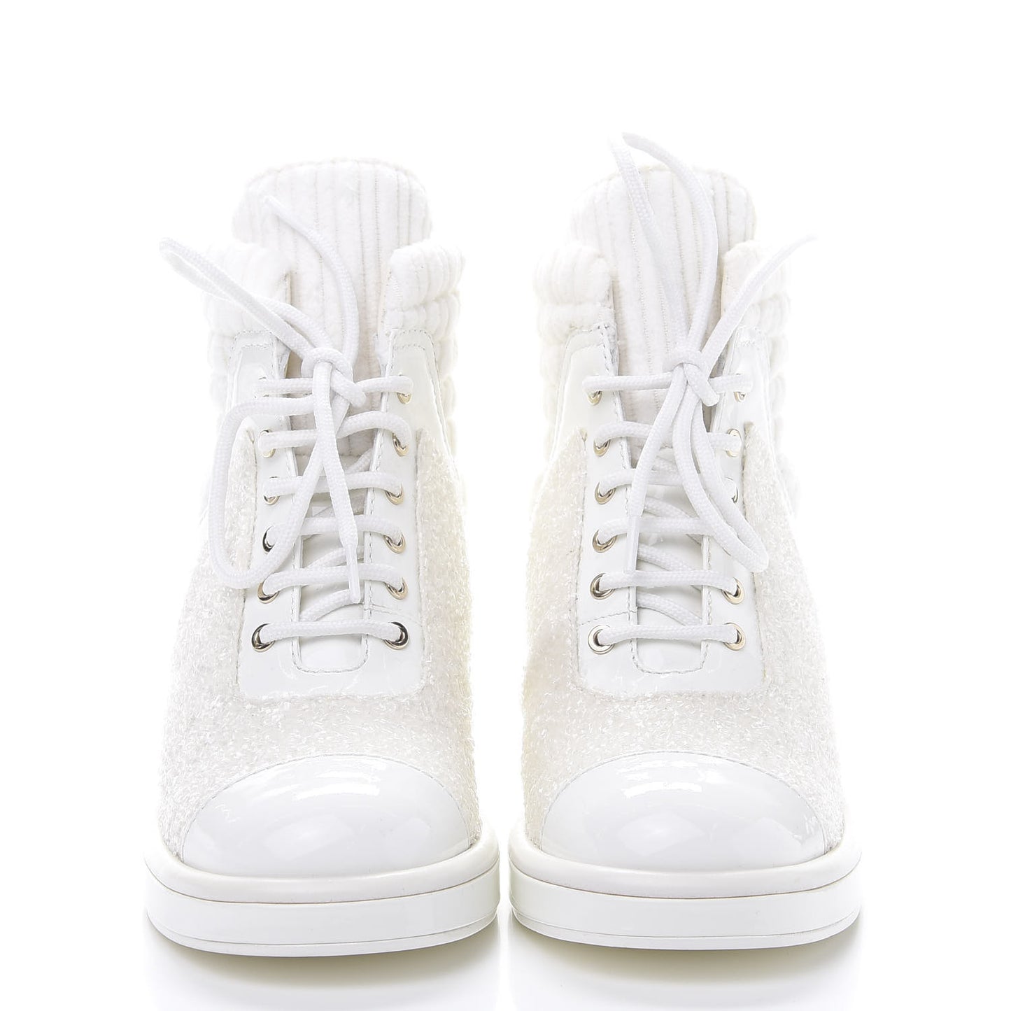Tweed Patent Calfskin Velvet Lace Up Boots 37 White
