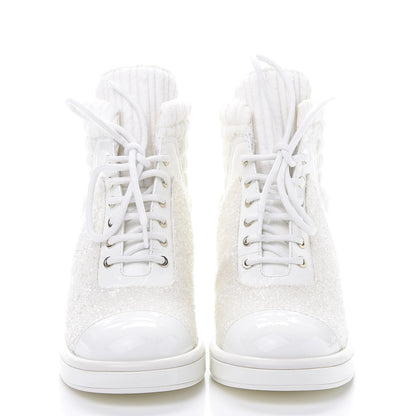 Chanel Tweed Patent Calfskin Velvet Lace Up Boots 37 White 2 of 10