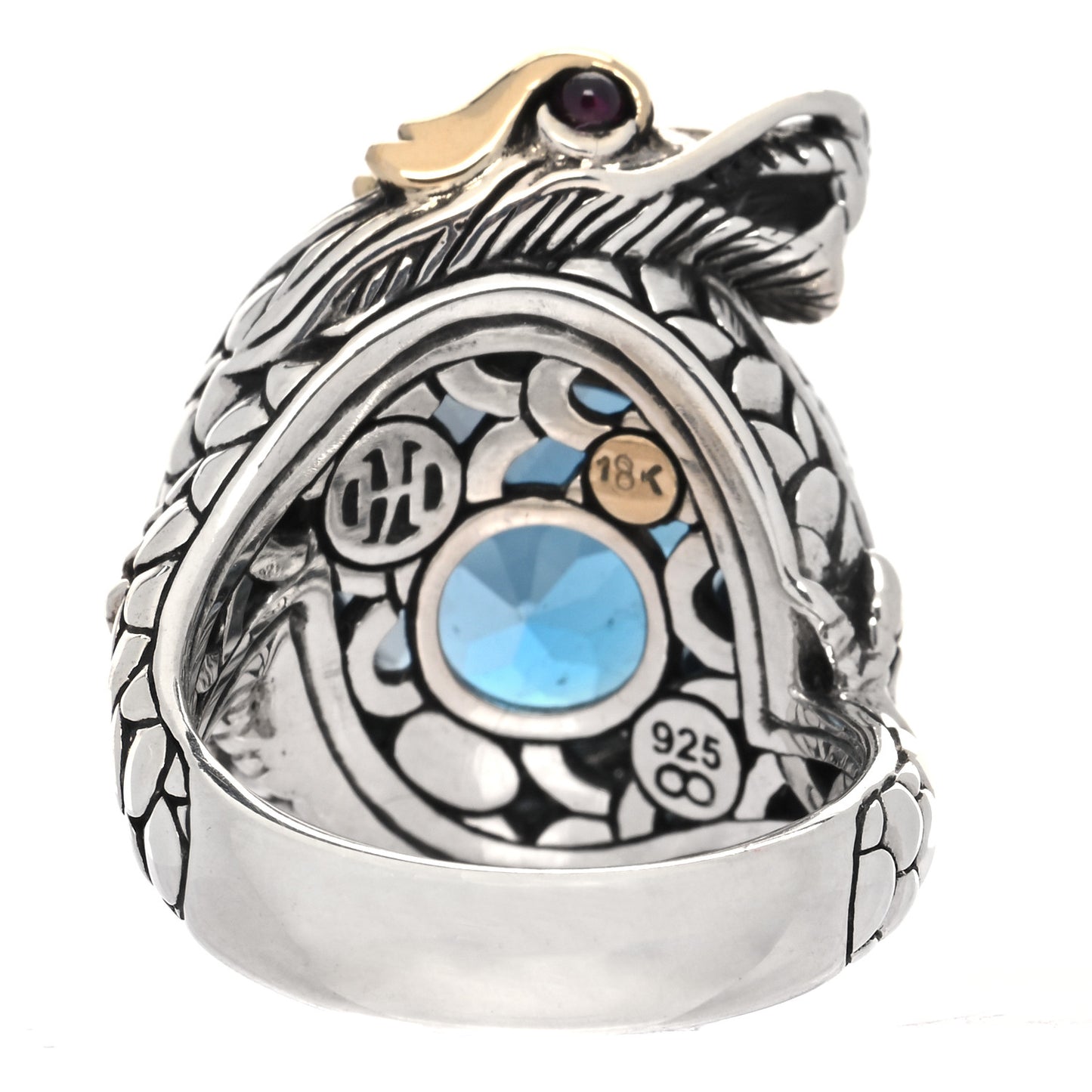 Sterling Silver 18K Yellow Gold Diamond Blue Topaz Ruby Naga Dragon Ring 55 7.25