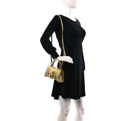 Balenciaga Metallic Calfskin Crocodile Embossed Hourglass Top Handle Bag XS Gold 2 of 14
