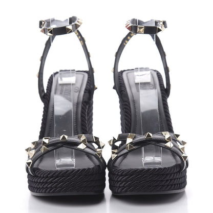 Valentino Garavani Calfskin Rockstud Ankle Strap Torchon Espadrille 25/95mm Wedge Sandals 40 Black 2 of 10