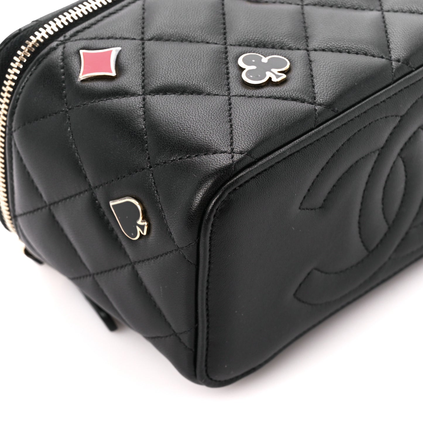 Caviar Quilted Enamel Coco Casino Small Vanity Case With Chain Black