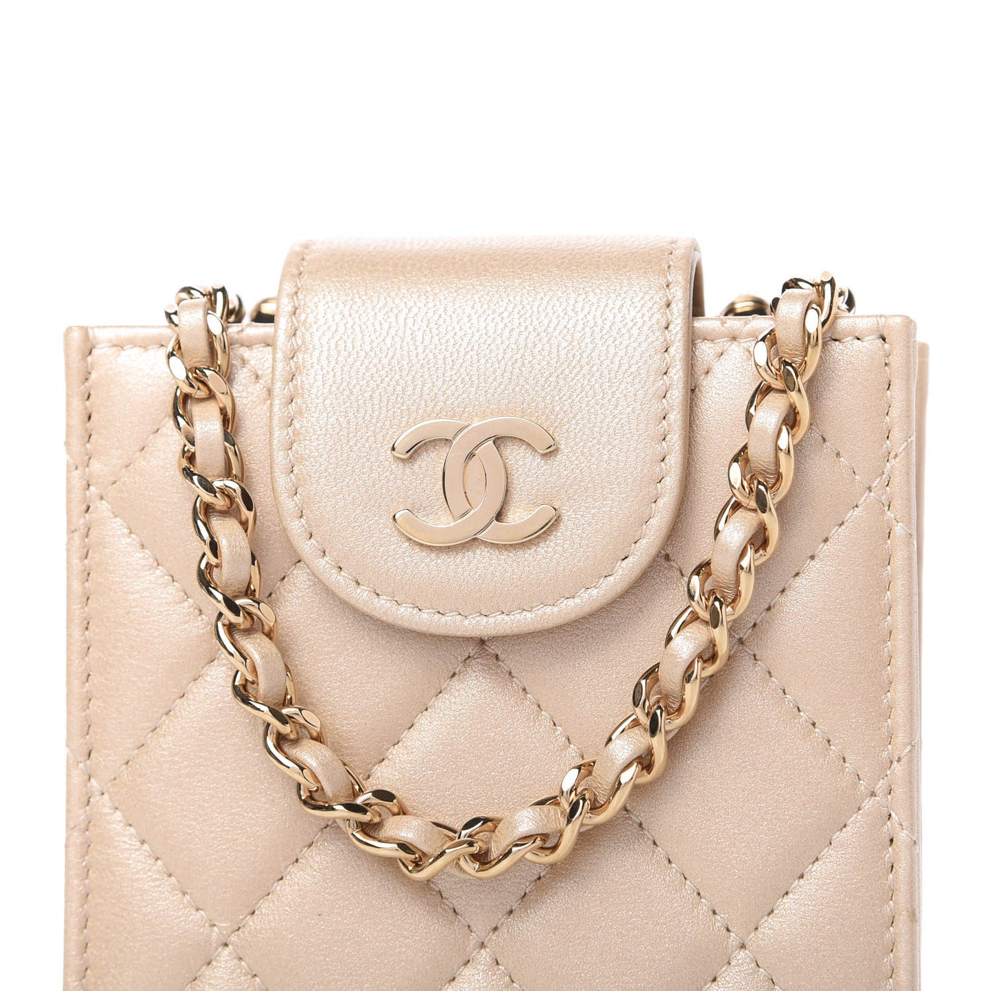 Metallic Lambskin Quilted CC Phone Holder Light Gold